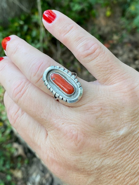 Silver Framed Coral Ring
