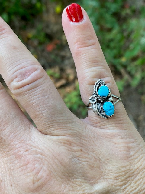 Double Turquoise and Silver Feather Ring